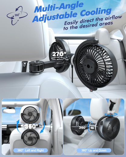 Ventilador Doble de Coche – Refrigeración Rápida para Asiento Trasero con Rotación 360° y Alimentación USB