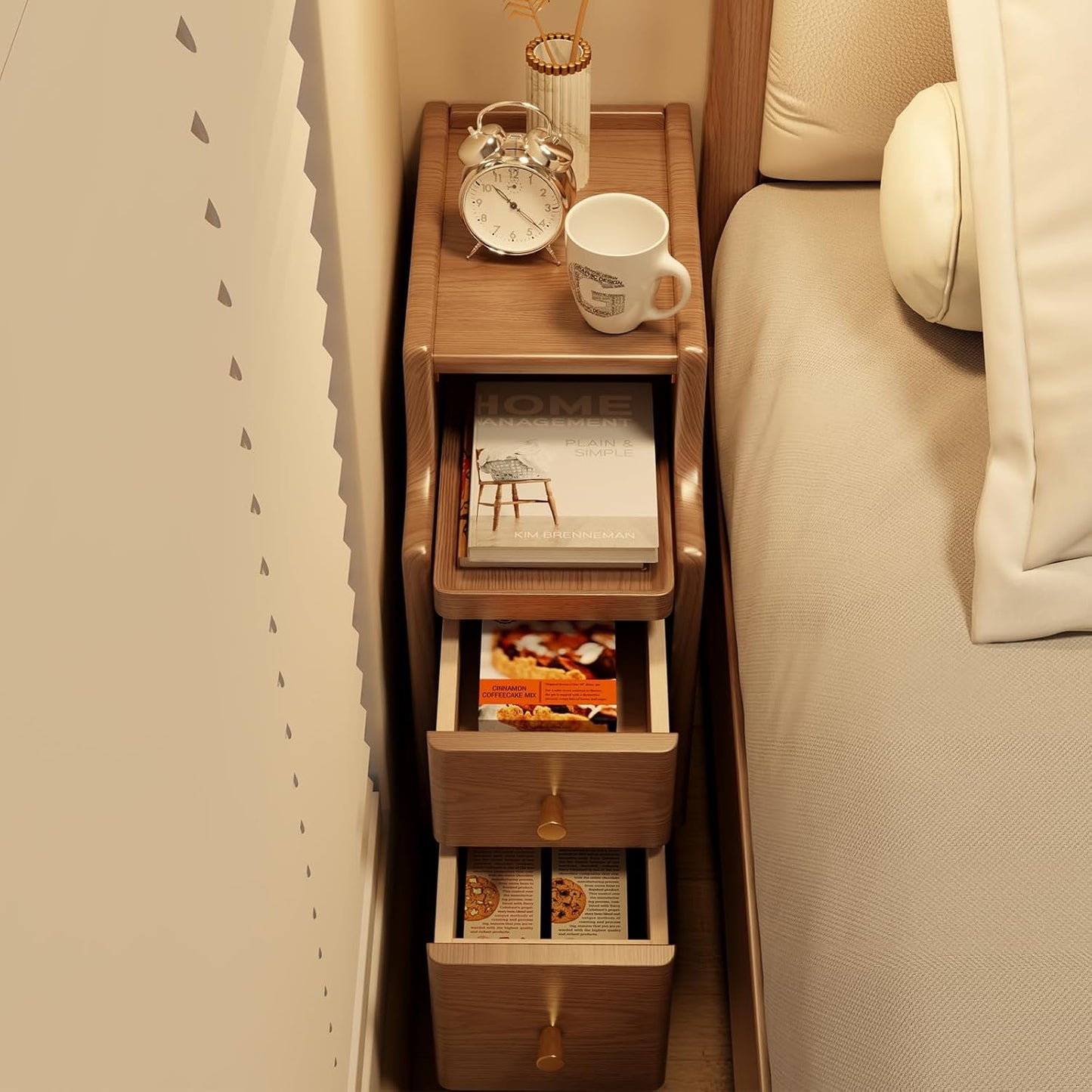 Mesita de Noche Estrecha de Madera Maciza